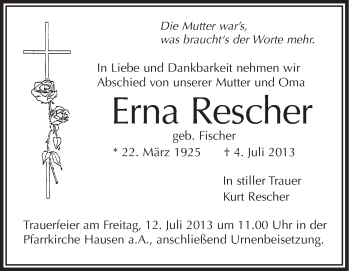 Anzeige von Erna Rescher von Schwäbische Zeitung