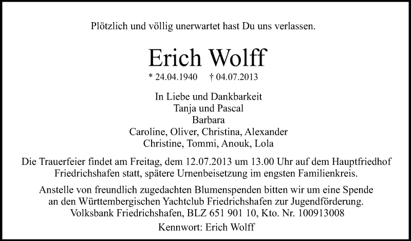  Traueranzeige für Erich Wolff vom 10.07.2013 aus Schwäbische Zeitung