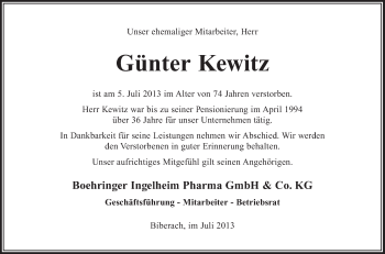 Anzeige von Günter Kewitz von Schwäbische Zeitung
