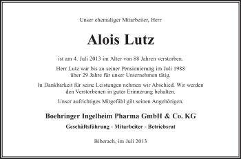 Anzeige von Alois Lutz von Schwäbische Zeitung