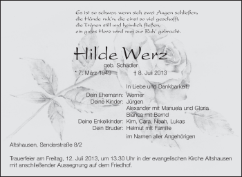 Anzeige von Hilde Werz von Schwäbische Zeitung