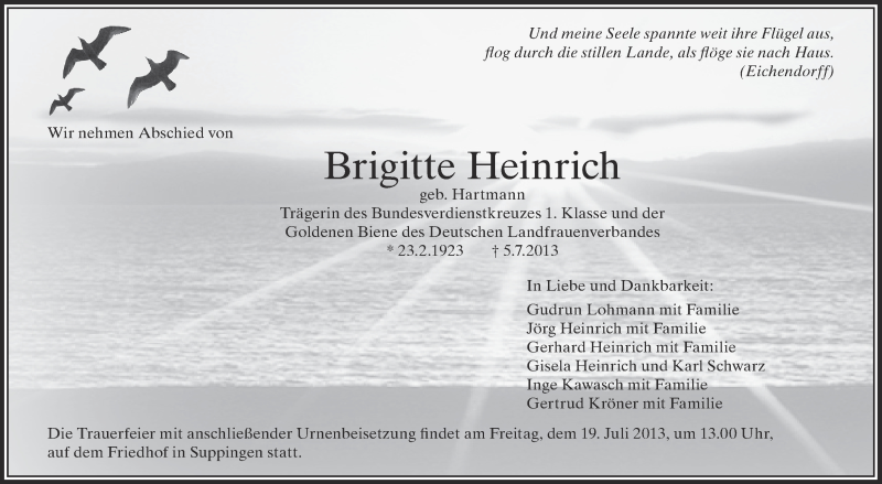  Traueranzeige für Brigitte Heinrich vom 17.07.2013 aus Schwäbische Zeitung