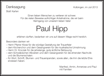 Anzeige von Paul Hipp von Schwäbische Zeitung