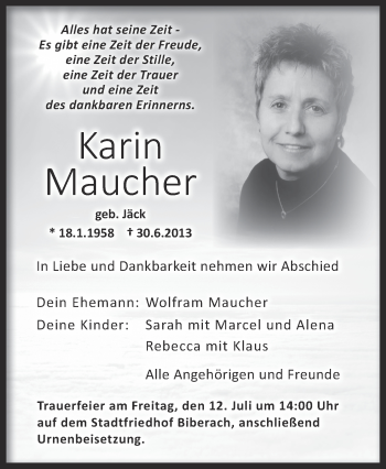 Anzeige von Karin Maucher von Schwäbische Zeitung
