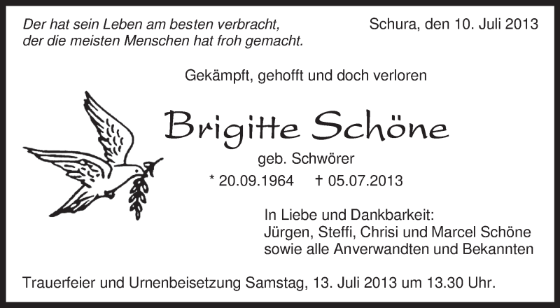  Traueranzeige für Brigitte Schöne vom 10.07.2013 aus Schwäbische Zeitung