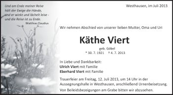 Anzeige von Käthe Viert von Schwäbische Zeitung
