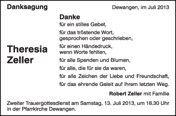 Anzeige von Theresia Zeller von Schwäbische Zeitung