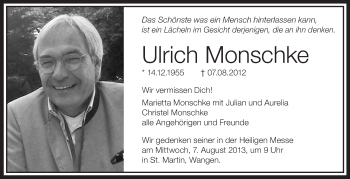 Anzeige von Ulrich Monschke von Schwäbische Zeitung