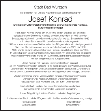 Anzeige von Josef Konrad von Schwäbische Zeitung