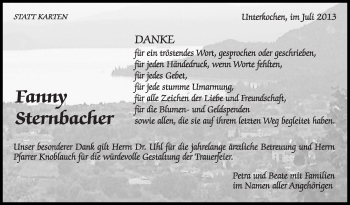 Anzeige von Fanny Sternbacher von Schwäbische Zeitung