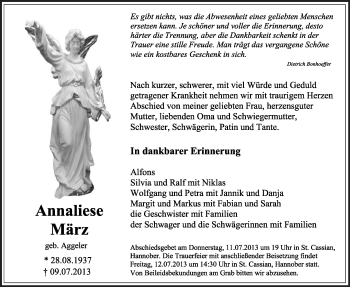 Anzeige von Anneliese März von Schwäbische Zeitung