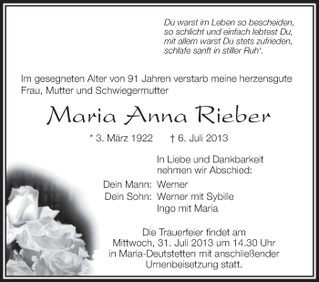 Anzeige von Maria Anna Rieber von Schwäbische Zeitung