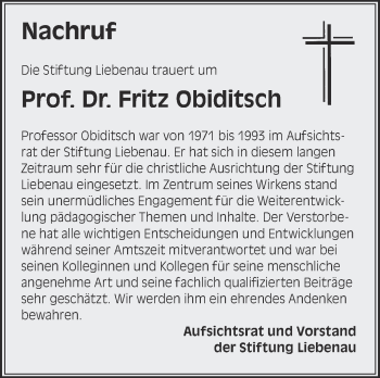 Anzeige von Fritz Obiditsch von Schwäbische Zeitung