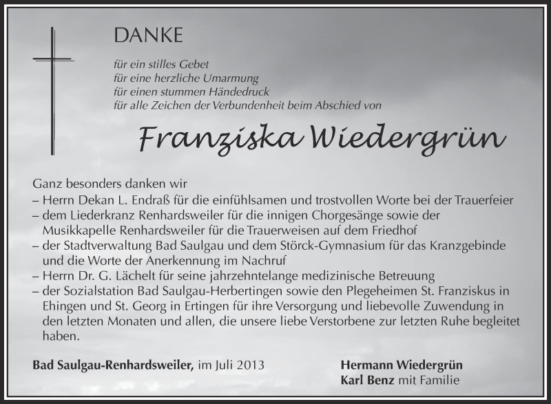  Traueranzeige für Franziska Wiedergrün vom 13.07.2013 aus Schwäbische Zeitung