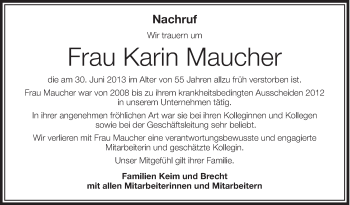Anzeige von Karin Maucher von Schwäbische Zeitung