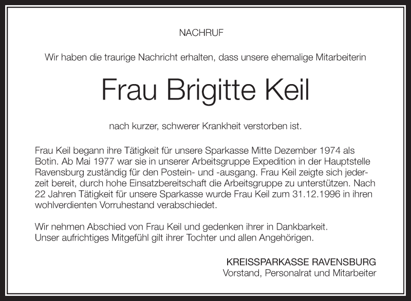  Traueranzeige für Brigitte Keil vom 11.07.2013 aus Schwäbische Zeitung