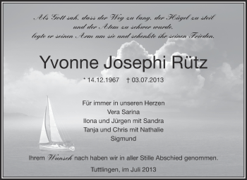 Anzeige von Yvonne Josephi Rütz von Schwäbische Zeitung