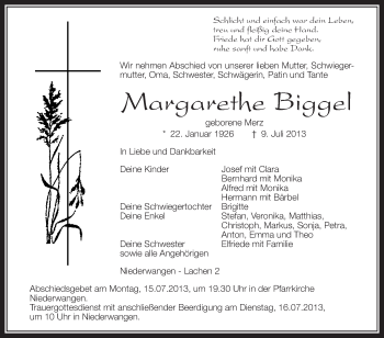 Anzeige von Margarethe Biggel von Schwäbische Zeitung