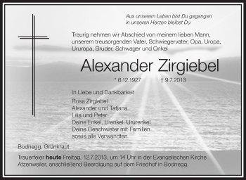 Anzeige von Alexander Zirgiebel von Schwäbische Zeitung