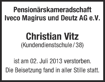Anzeige von Christian Vitz von Schwäbische Zeitung