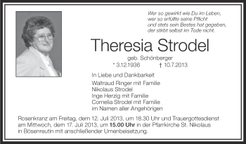 Anzeige von Theresia Strodel von Schwäbische Zeitung
