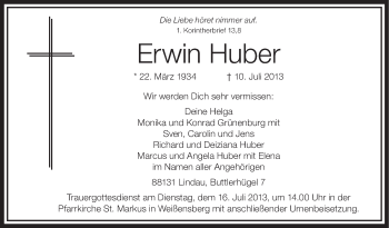 Anzeige von Erwin Huber von Schwäbische Zeitung