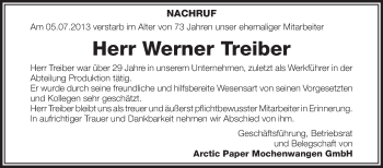 Anzeige von Werner Treiber von Schwäbische Zeitung