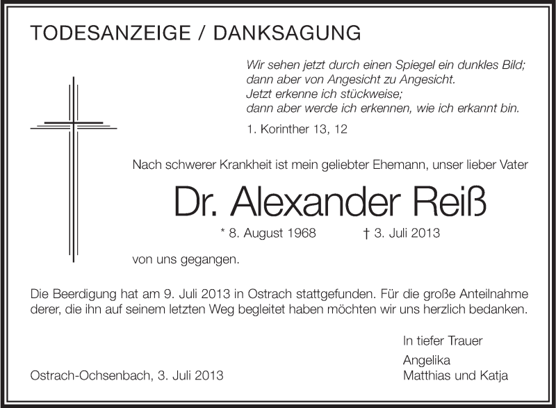  Traueranzeige für Alexander Reiß vom 13.07.2013 aus Schwäbische Zeitung