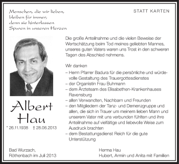 Anzeige von Albert Hau von Schwäbische Zeitung