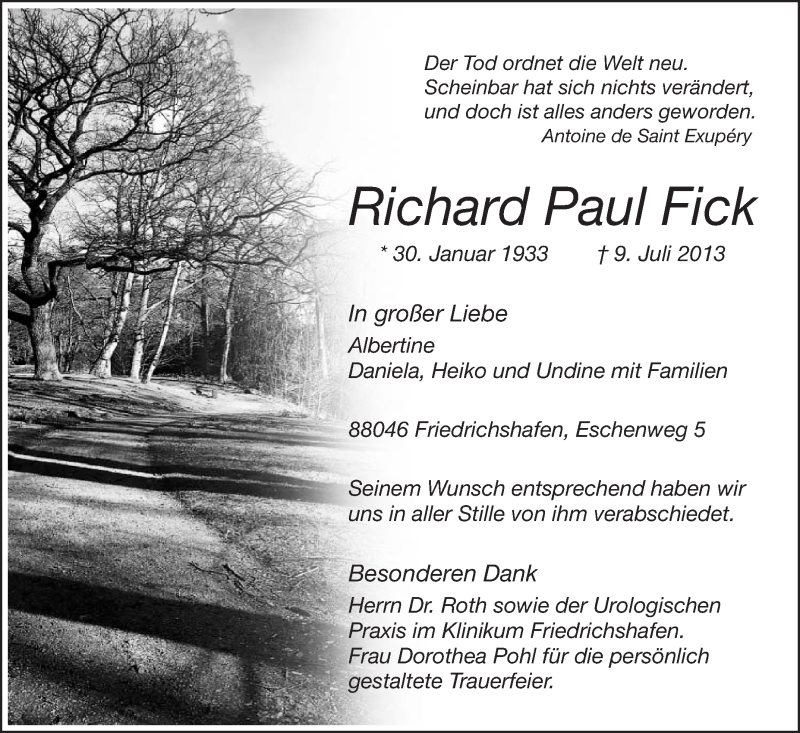  Traueranzeige für Richard Paul Fick vom 20.07.2013 aus Schwäbische Zeitung