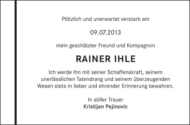  Traueranzeige für Rainer Ihle vom 12.07.2013 aus Schwäbische Zeitung