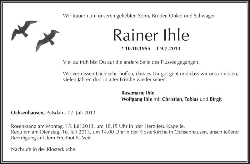  Traueranzeige für Rainer Ihle vom 12.07.2013 aus Schwäbische Zeitung