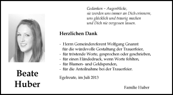 Anzeige von Beate Huber von Schwäbische Zeitung