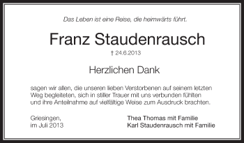 Anzeige von Franz Staudenrausch von Schwäbische Zeitung