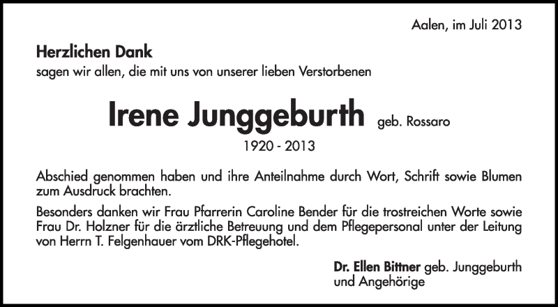  Traueranzeige für Irene Junggeburth vom 12.07.2013 aus Schwäbische Zeitung