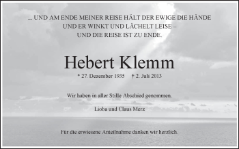 Anzeige von Hebert Klemm von Schwäbische Zeitung