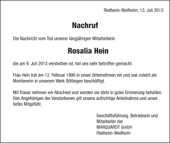 Anzeige von Rosalia Hein von Schwäbische Zeitung