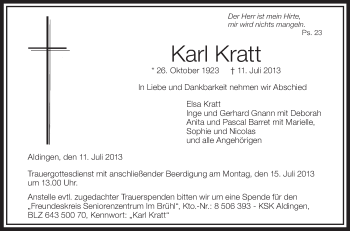 Anzeige von Karl Kratt von Schwäbische Zeitung