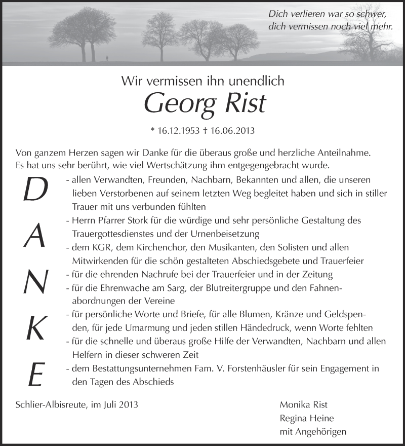  Traueranzeige für Georg Rist vom 18.07.2013 aus Schwäbische Zeitung