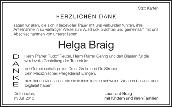 Anzeige von Helga Braig von Schwäbische Zeitung