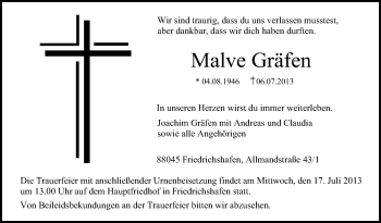 Anzeige von Malve Gräfen von Schwäbische Zeitung