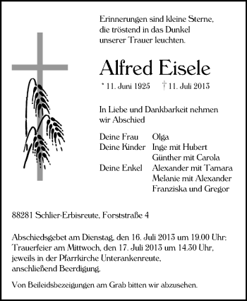 Anzeige von Alfred Eisele von Schwäbische Zeitung