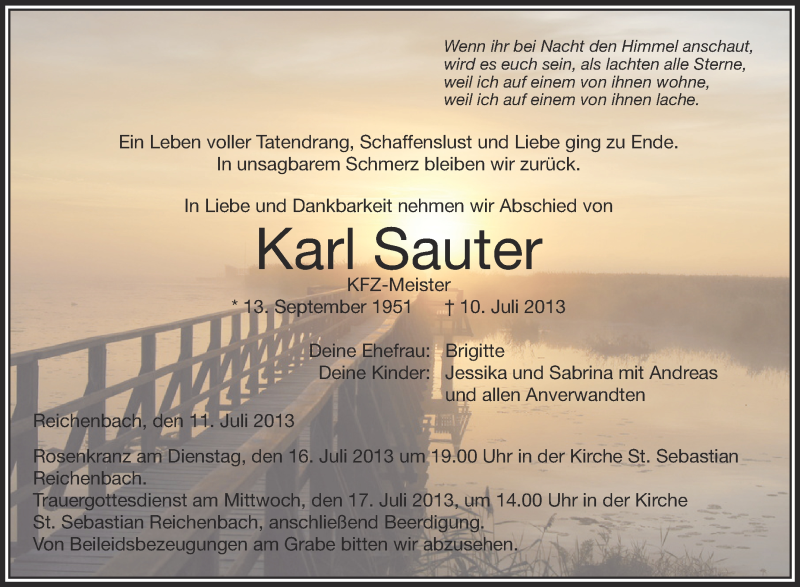  Traueranzeige für Karl Sauter vom 15.07.2013 aus Schwäbische Zeitung