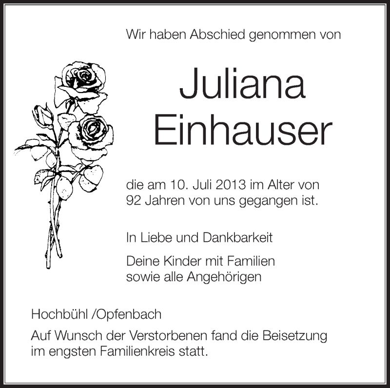  Traueranzeige für Juliana Einhauser vom 19.07.2013 aus Schwäbische Zeitung