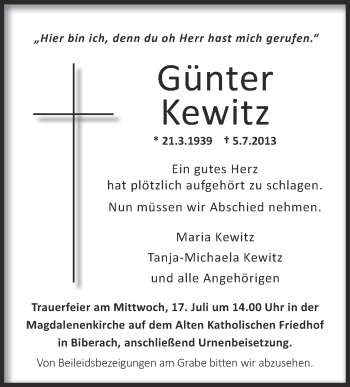 Anzeige von Günter Kewitz von Schwäbische Zeitung