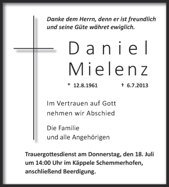 Anzeige von Daniel Mielenz von Schwäbische Zeitung