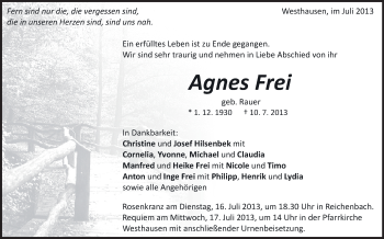 Anzeige von Agnes Frei von Schwäbische Zeitung