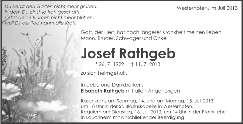  Traueranzeige für Josef Rathgeb vom 13.07.2013 aus Schwäbische Zeitung