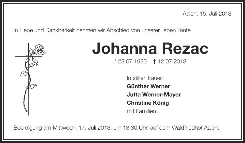  Traueranzeige für Johanna Rezac vom 15.07.2013 aus Schwäbische Zeitung
