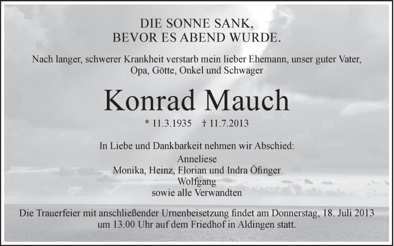  Traueranzeige für Konrad Mauch vom 16.07.2013 aus Schwäbische Zeitung